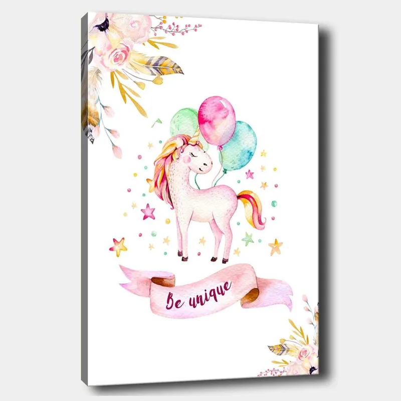 Canvastavla 70x100 cm - Söt enhörning som håller i färgglada ballonger och omges av stjärnor och blommor, Rosa / Mintgrön / Gul