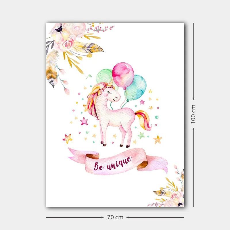 Canvastavla 70x100 cm - Söt enhörning som håller i färgglada ballonger och omges av stjärnor och blommor - Rosa / Mintgrön / Gul - Inredning & dekor - Tavlor & konst - Canvastavla