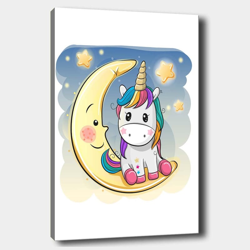 Canvastavla 70x100 cm - Söt enhörning som sitter på en måne med stjärnor i bakgrunden, Gul / Rosa / Blå