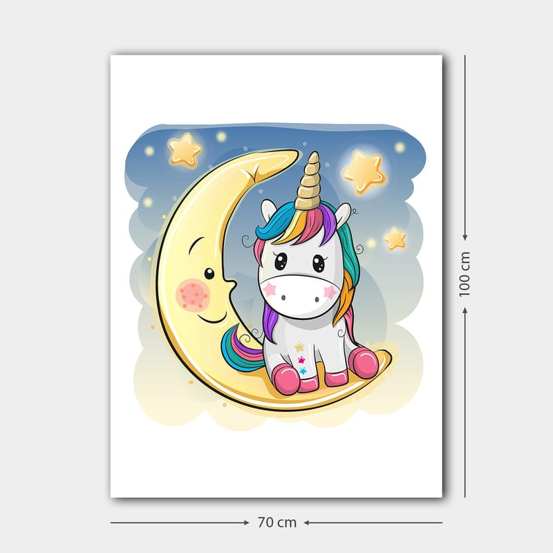 Canvastavla 70x100 cm - Söt enhörning som sitter på en måne med stjärnor i bakgrunden - Gul / Rosa / Blå - Inredning & dekor - Tavlor & konst - Canvastavla