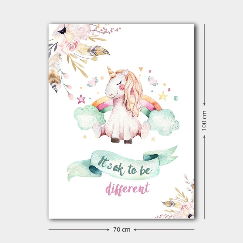 Canvastavla 70x100 cm - Söt enhörning som sitter på moln med en regnbåge i bakgrunden - Rosa / Mintgrön / Ljusgul - Inredning & dekor - Tavlor & konst - Canvastavla