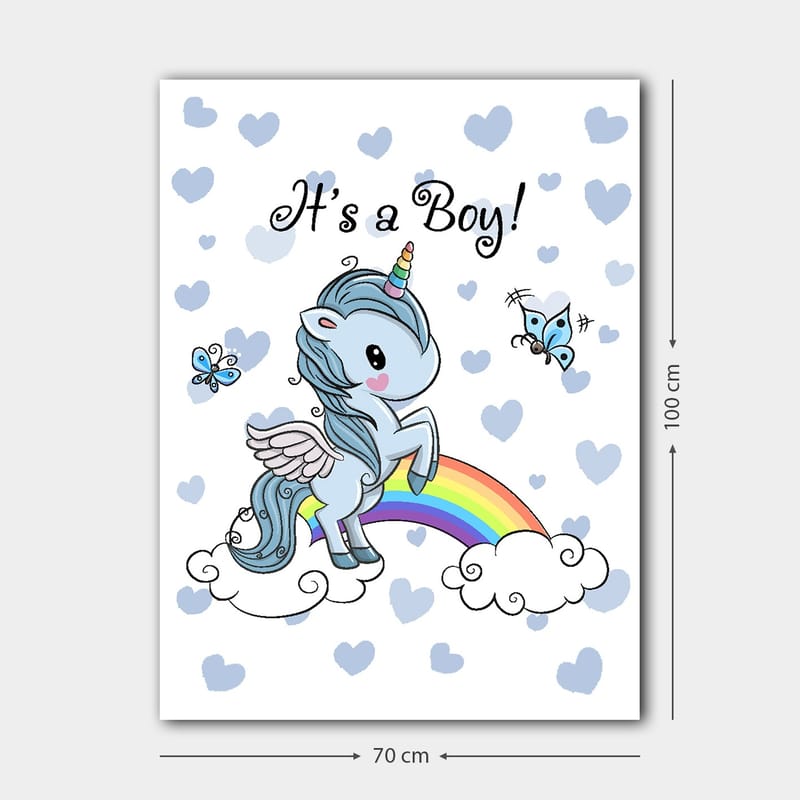 Canvastavla 70x100 cm - Söt enhörning som står på en regnbåge omgiven av moln och fjärilar - Ljusblå / Regnbågsfärger / Vit - Inredning & dekor - Tavlor & konst - Canvastavla