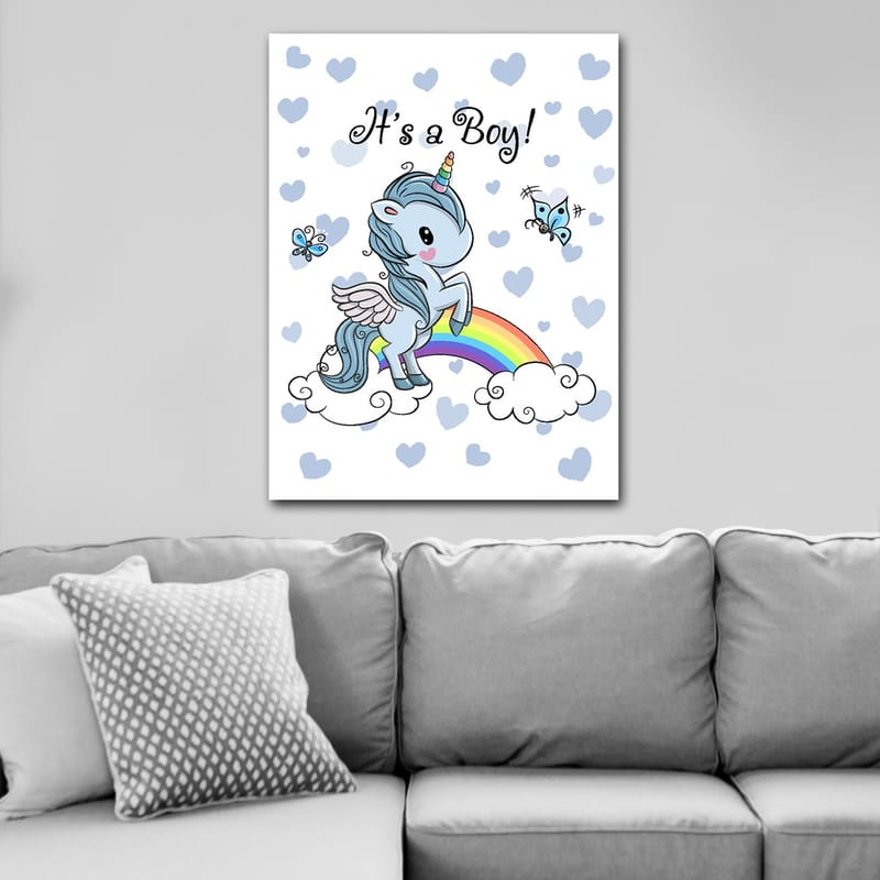 Canvastavla 70x100 cm - Söt enhörning som står på en regnbåge omgiven av moln och fjärilar - Ljusblå / Regnbågsfärger / Vit - Inredning & dekor - Tavlor & konst - Canvastavla