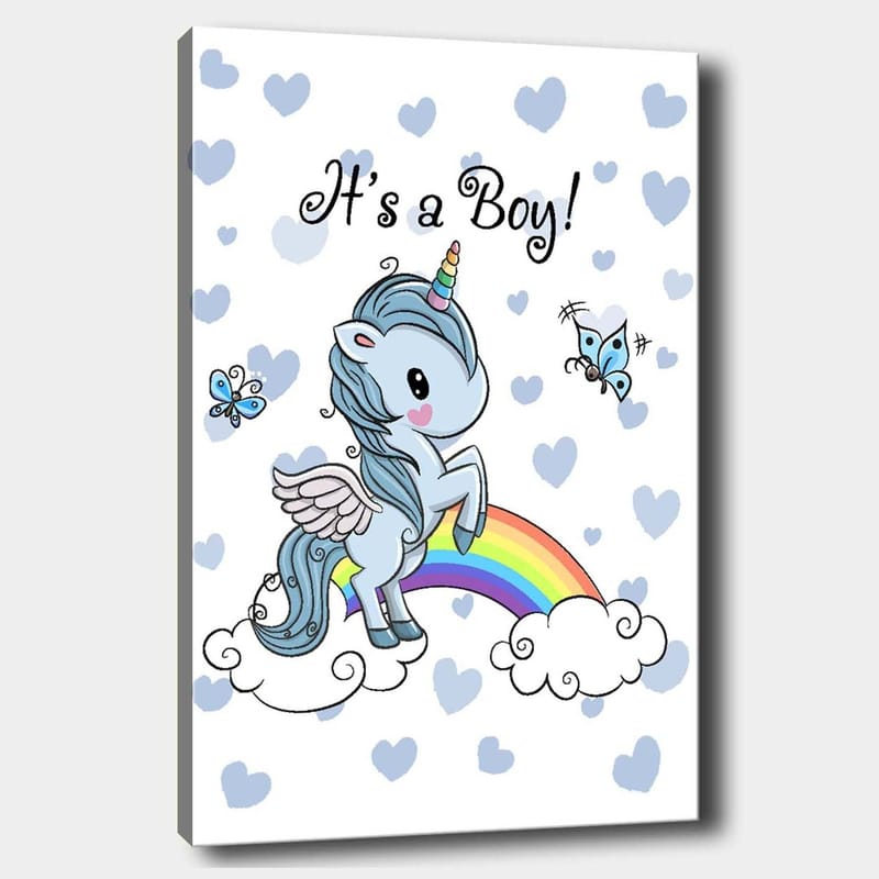 Canvastavla 70x100 cm - Söt enhörning som står på en regnbåge omgiven av moln och fjärilar, Ljusblå / Regnbågsfärger / Vit