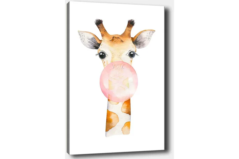 Canvastavla 70x100 cm - Söt giraff som blåser en tuggummiboll - Beige / Rosa / Brun - Inredning & dekor - Tavlor & konst - Canvastavla