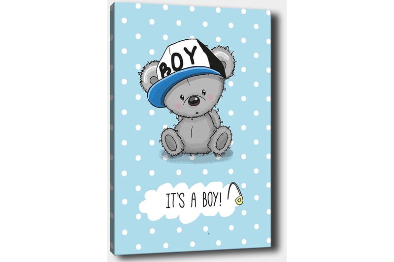 Canvastavla 70x100 cm - Söt grå björn med en blå keps som sitter på en ljusblå bakgrund med vita prickar - Blå / Grå - Inredning & dekor - Tavlor & konst - Canvastavla