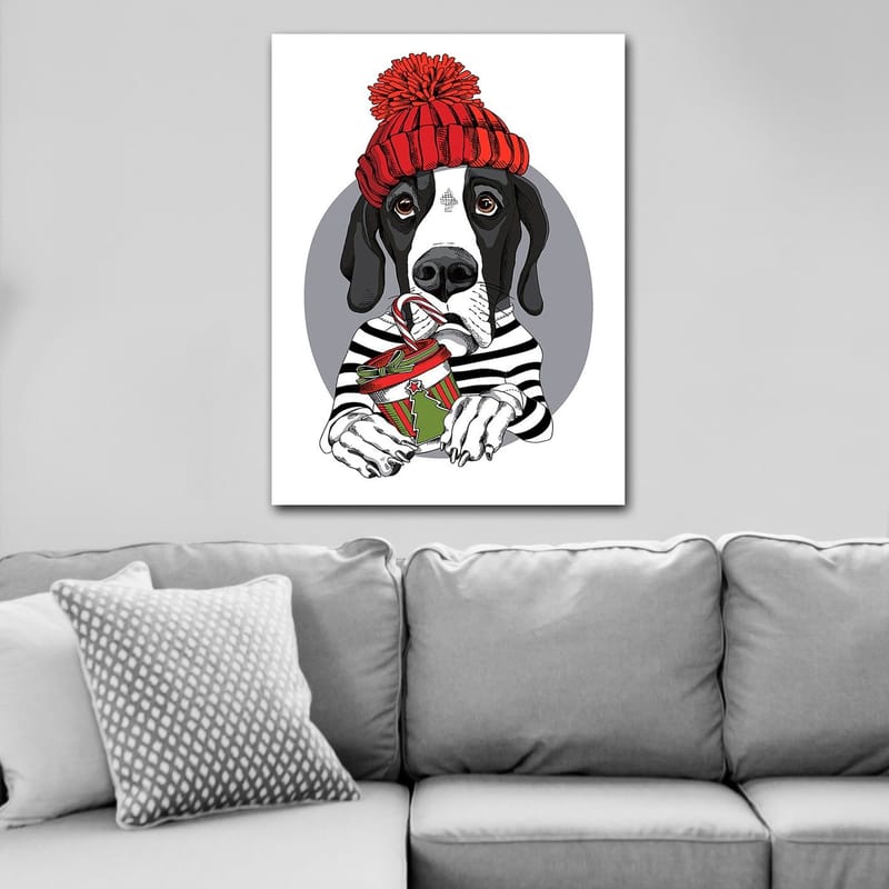 Canvastavla 70x100 cm - Söt hund i en röd mössa som håller en julklapp med en godisstång - Röd / Svart / Grön - Inredning & dekor - Tavlor & konst - Canvastavla