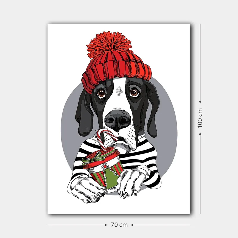 Canvastavla 70x100 cm - Söt hund i en röd mössa som håller en julklapp med en godisstång - Röd / Svart / Grön - Inredning & dekor - Tavlor & konst - Canvastavla