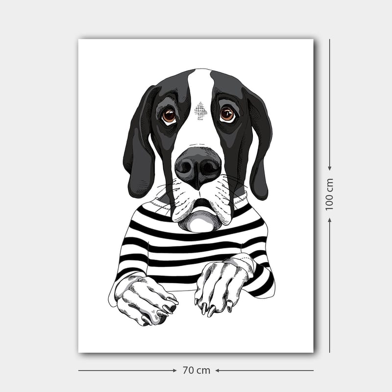 Canvastavla 70x100 cm - Söt hund i randig tröja som ser nyfiken ut - Svart / Vit / Brun - Inredning & dekor - Tavlor & konst - Canvastavla