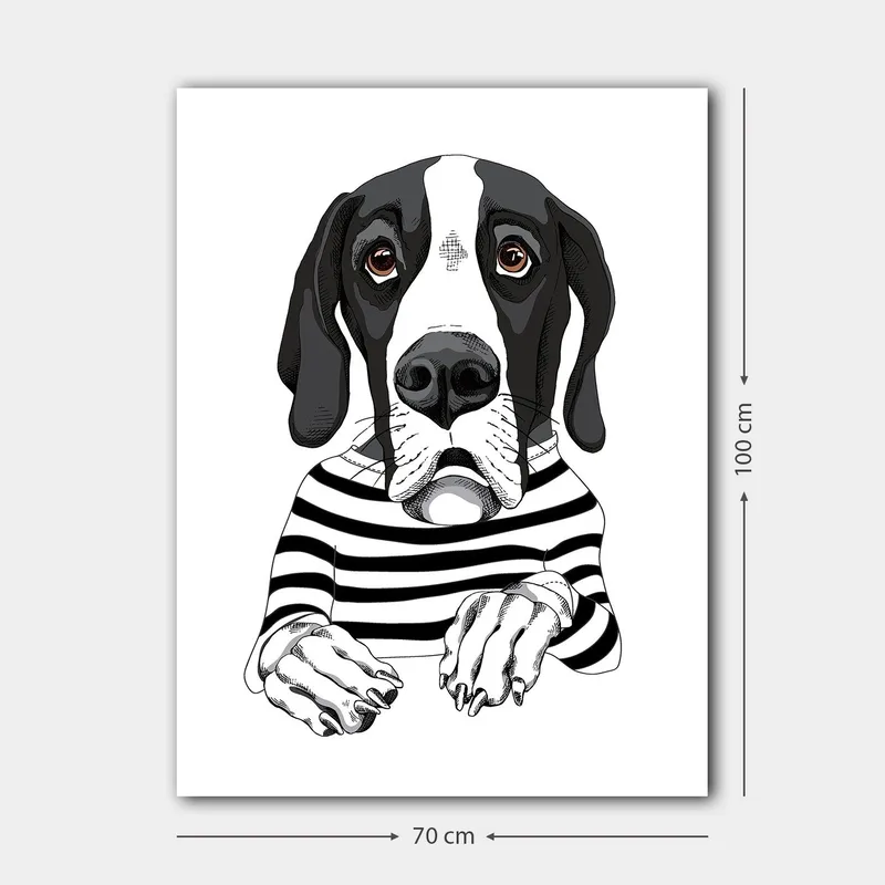Canvastavla 70x100 cm - Söt hund i randig tröja som ser nyfiken ut - Svart / Vit / Brun - Inredning & dekor - Tavlor & konst - Canvastavla