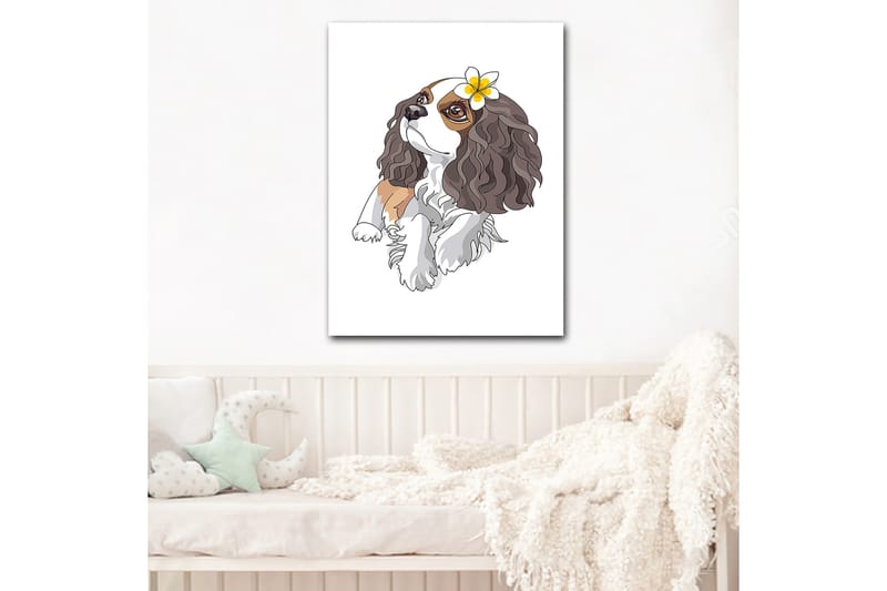 Canvastavla 70x100 cm - Söt hund med lockigt hår och en blomma i örat, Brun / Vit / Svart