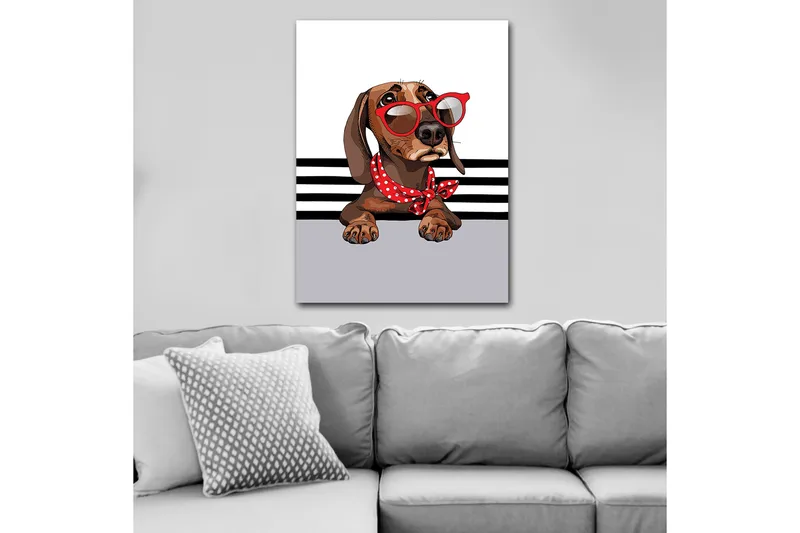 Canvastavla 70x100 cm - Söt hund med solglasögon och en röd prickig scarf, Brun / Röd / Grå