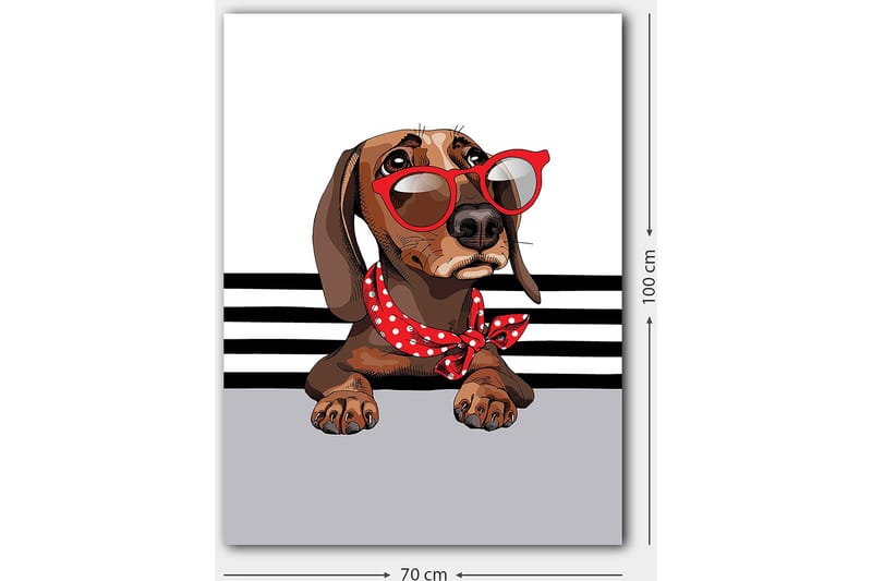 Canvastavla 70x100 cm - Söt hund med solglasögon och en röd prickig scarf - Brun / Röd / Grå - Inredning & dekor - Tavlor & konst - Canvastavla