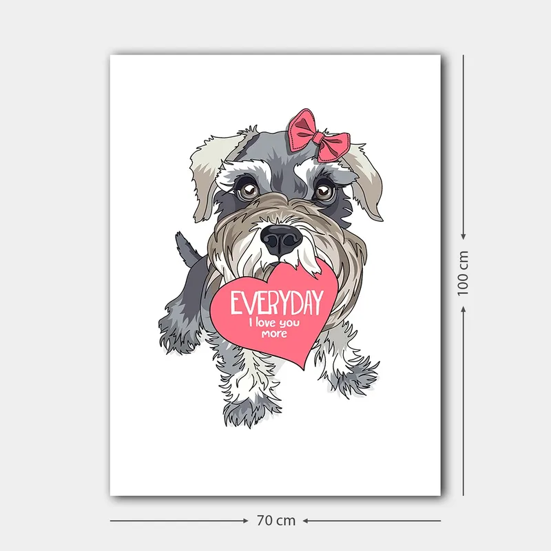 Canvastavla 70x100 cm - Söt hund som håller ett hjärta med texten EVERYDAY I love you more - Grå / Rosa / Vit - Inredning & dekor - Tavlor & konst - Canvastavla
