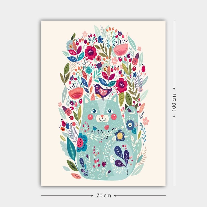 Canvastavla 70x100 cm - Söt katt omgiven av färgglada blommor och växter - Mintgrön / Mörkblå / Rosa - Inredning & dekor - Tavlor & konst - Canvastavla
