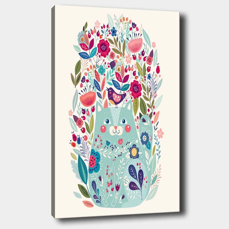 Canvastavla 70x100 cm - Söt katt omgiven av färgglada blommor och växter - Mintgrön / Mörkblå / Rosa - Inredning & dekor - Tavlor & konst - Canvastavla