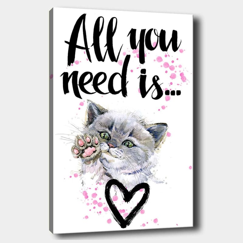Canvastavla 70x100 cm - Söt katt som sträcker ut sin tass med en hjärtformad kontur i bakgrunden, Grå / Rosa / Grön