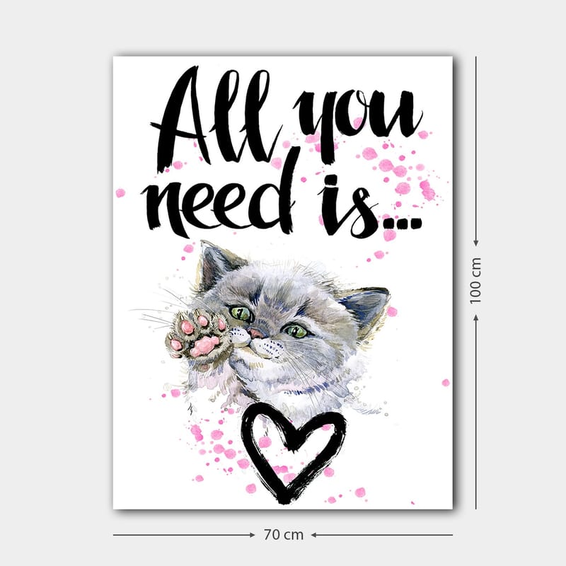 Canvastavla 70x100 cm - Söt katt som sträcker ut sin tass med en hjärtformad kontur i bakgrunden - Grå / Rosa / Grön - Inredning & dekor - Tavlor & konst - Canvastavla