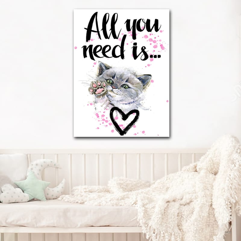 Canvastavla 70x100 cm - Söt katt som sträcker ut sin tass med en hjärtformad kontur i bakgrunden - Grå / Rosa / Grön - Inredning & dekor - Tavlor & konst - Canvastavla