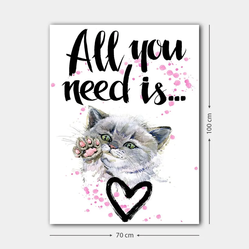 Canvastavla 70x100 cm - Söt katt som sträcker ut sin tass med en hjärtformad kontur i bakgrunden - Grå / Rosa / Grön - Inredning & dekor - Tavlor & konst - Canvastavla