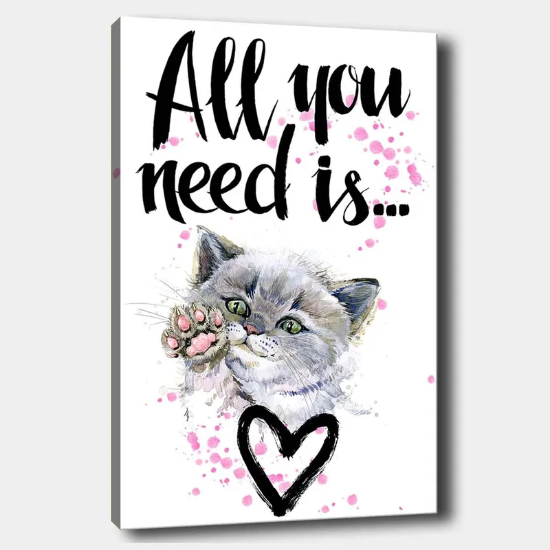 Canvastavla 70x100 cm - Söt katt som sträcker ut sin tass med en hjärtformad kontur i bakgrunden, Grå / Rosa / Grön