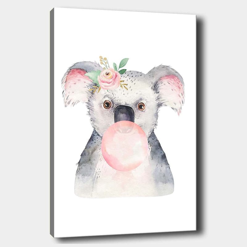 Canvastavla 70x100 cm - Söt koala som blåser bubbelgum med en blomma i örat - Grå / Rosa / Grön - Inredning & dekor - Tavlor & konst - Canvastavla