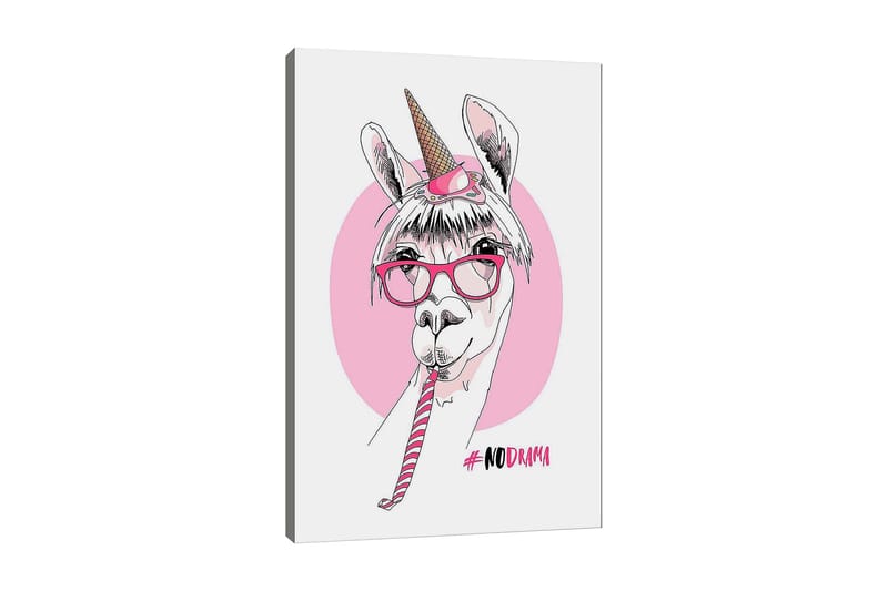 Canvastavla 70x100 cm - Söt lama med unicorn-horn och glasögon som håller i en godiskäpp - Rosa / Vit / Svart - Inredning & dekor - Tavlor & konst - Canvastavla