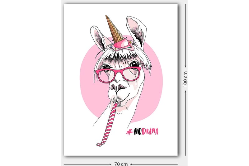 Canvastavla 70x100 cm - Söt lama med unicorn-horn och glasögon som håller i en godiskäpp - Rosa / Vit / Svart - Inredning & dekor - Tavlor & konst - Canvastavla