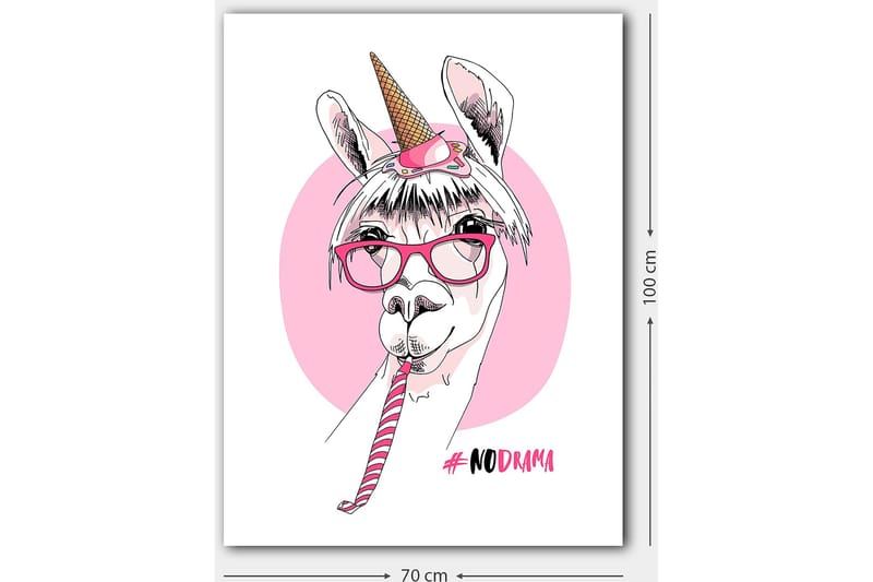 Canvastavla 70x100 cm - Söt lama med unicorn-horn och glasögon som håller i en godiskäpp - Rosa / Vit / Svart - Inredning & dekor - Tavlor & konst - Canvastavla