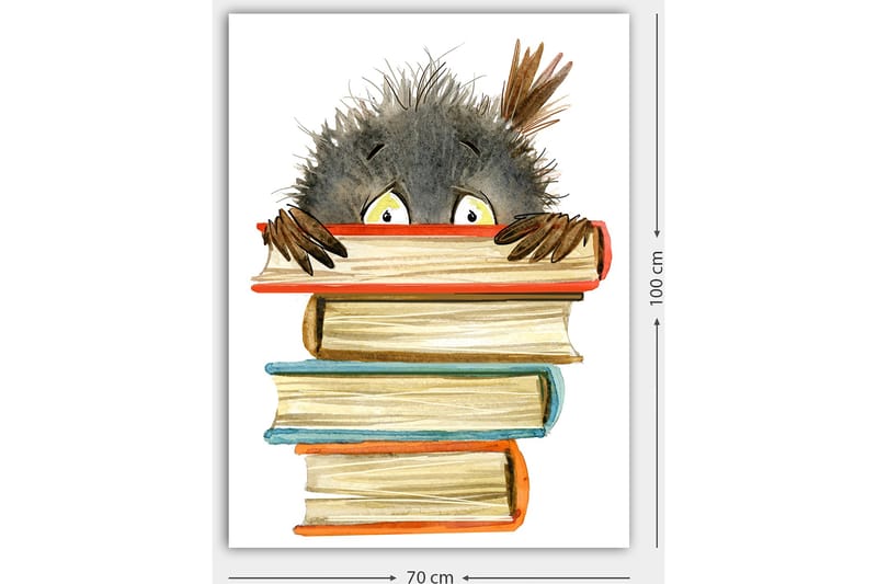 Canvastavla 70x100 cm - Söt, nyfiken karaktär som tittar fram bakom en stapel böcker - Svart / Beige / Orange - Inredning & dekor - Tavlor & konst - Canvastavla