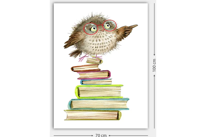 Canvastavla 70x100 cm - Söt uggla med glasögon som pekar, sittande på en hög av färgglada böcker - Brun / Grön / Blå - Inredning & dekor - Tavlor & konst - Canvastavla