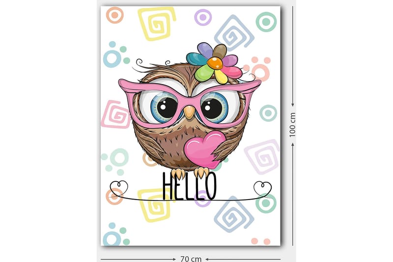 Canvastavla 70x100 cm - Söt uggla med stora ögon och färgglad blomma på huvudet - Brun / Rosa / Blå - Inredning & dekor - Tavlor & konst - Canvastavla