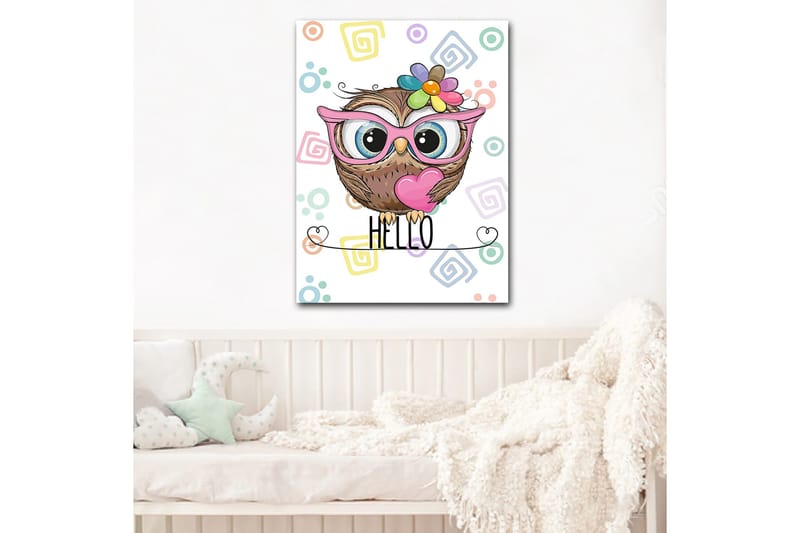 Canvastavla 70x100 cm - Söt uggla med stora ögon och färgglad blomma på huvudet - Brun / Rosa / Blå - Inredning & dekor - Tavlor & konst - Canvastavla