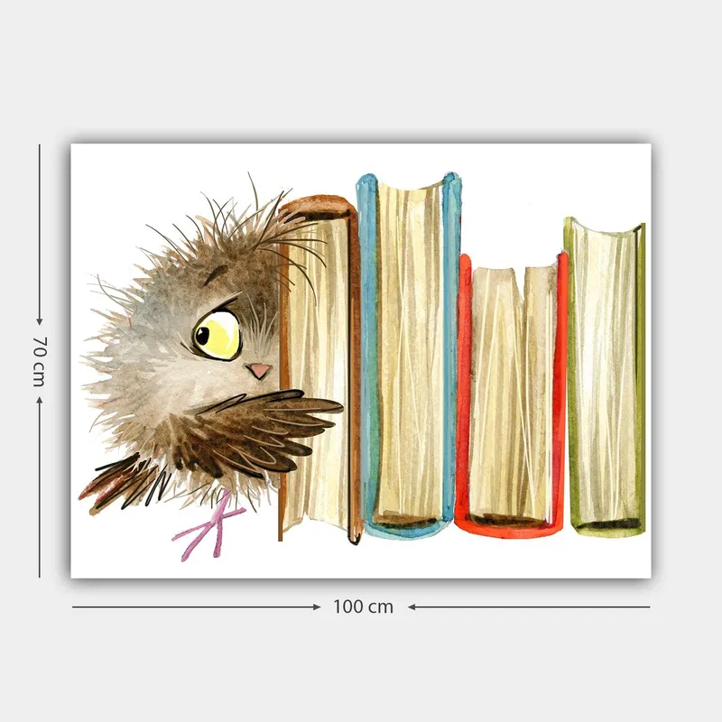 Canvastavla 70x100 cm - Söt uggla som kikar fram bakom böcker - Brun / Gul / Röd - Inredning & dekor - Tavlor & konst - Canvastavla