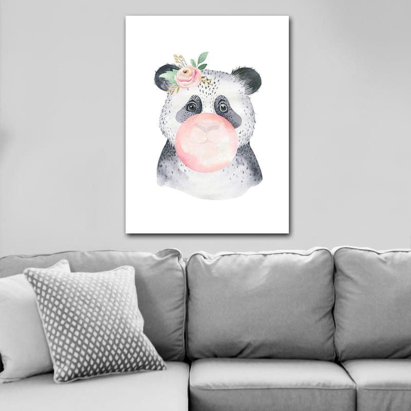 Canvastavla 70x100 cm - Söt panda som blåser bubbelgum med en blomma i örat - Grå / Rosa / Grön - Inredning & dekor - Tavlor & konst - Canvastavla