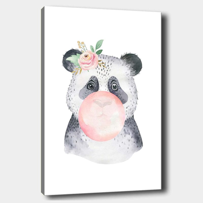 Canvastavla 70x100 cm - Söt panda som blåser bubbelgum med en blomma i örat, Grå / Rosa / Grön
