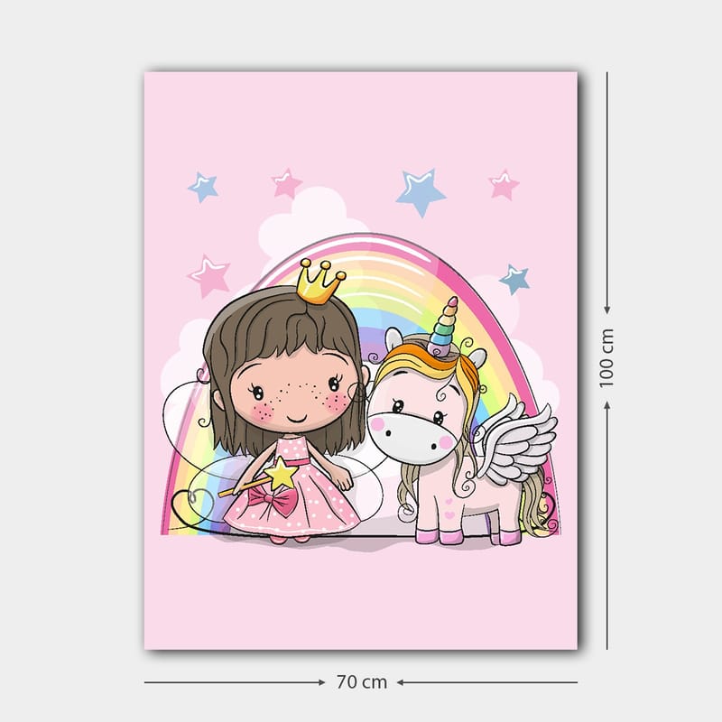 Canvastavla 70x100 cm - Söt prinsessa med en enhörning under en regnbåge - Rosa / Vit / Guld - Inredning & dekor - Tavlor & konst - Canvastavla