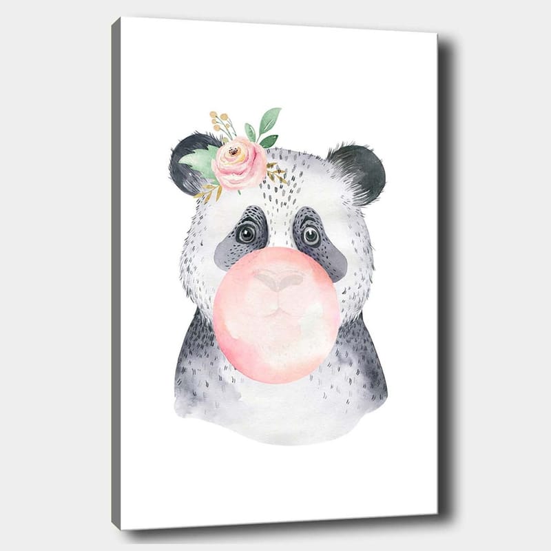 Canvastavla 70x100 cm - Söt panda som blåser bubbelgum med en blomma i örat, Grå / Rosa / Grön