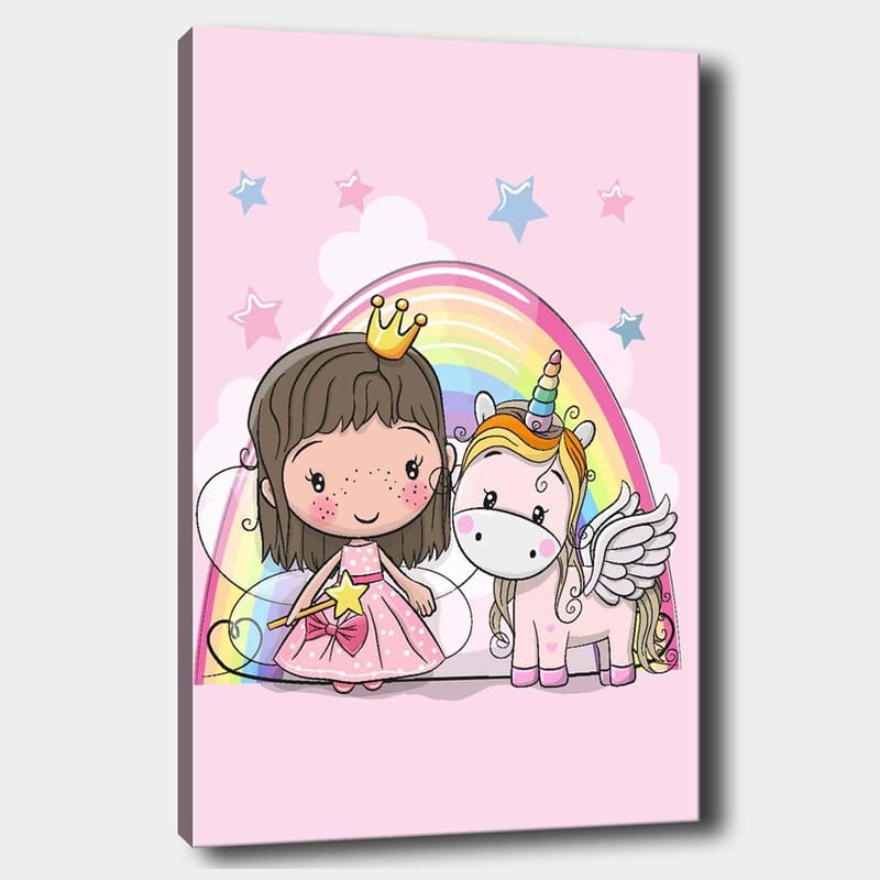 Canvastavla 70x100 cm - Söt prinsessa med en enhörning under en regnbåge, Rosa / Vit / Guld