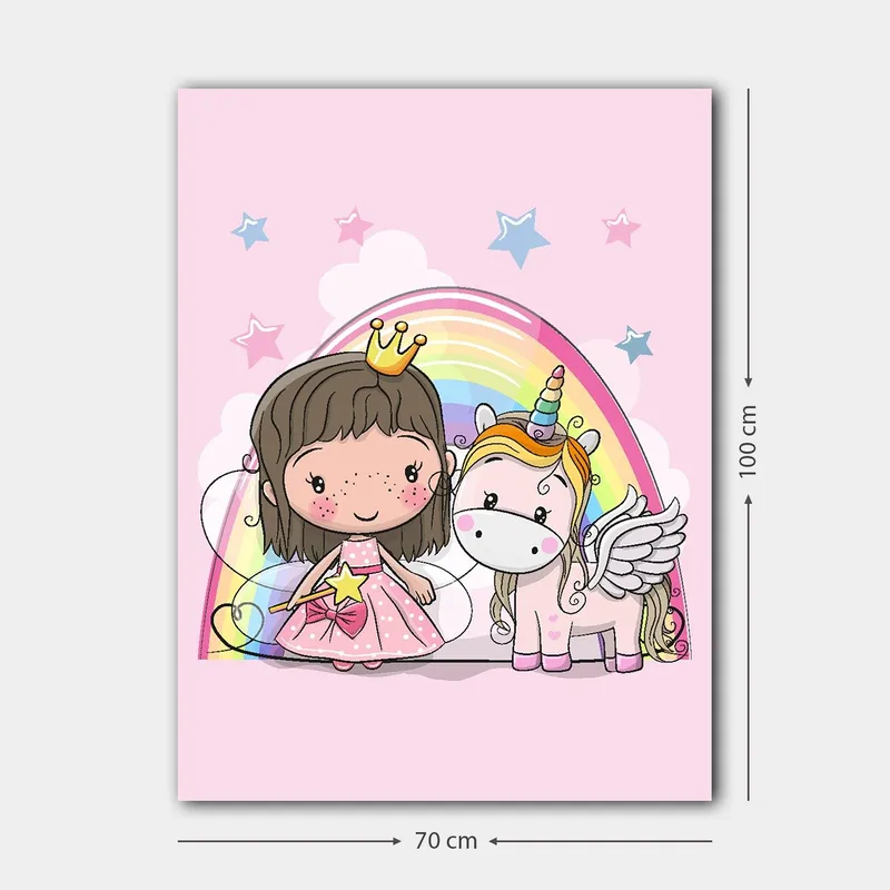 Canvastavla 70x100 cm - Söt prinsessa med en enhörning under en regnbåge - Rosa / Vit / Guld - Inredning & dekor - Tavlor & konst - Canvastavla