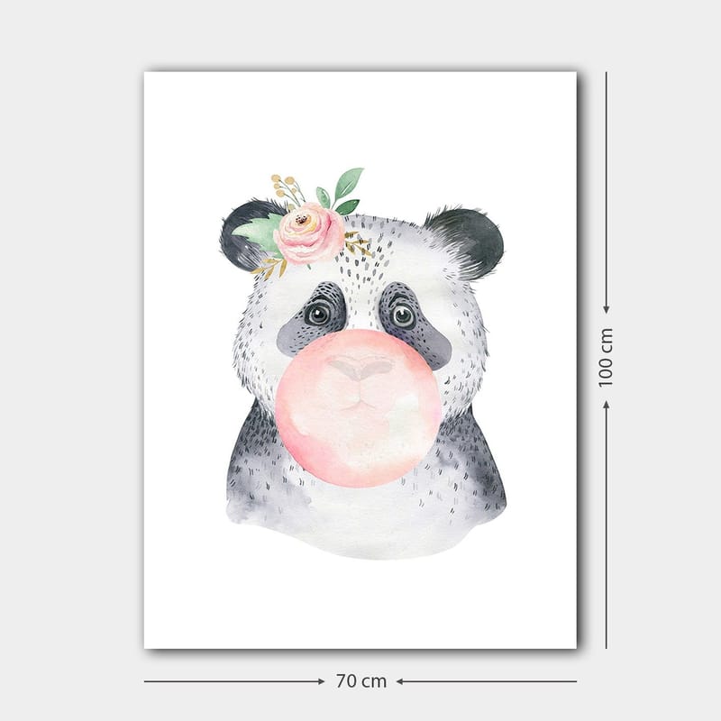 Canvastavla 70x100 cm - Söt panda som blåser bubbelgum med en blomma i örat - Grå / Rosa / Grön - Inredning & dekor - Tavlor & konst - Canvastavla