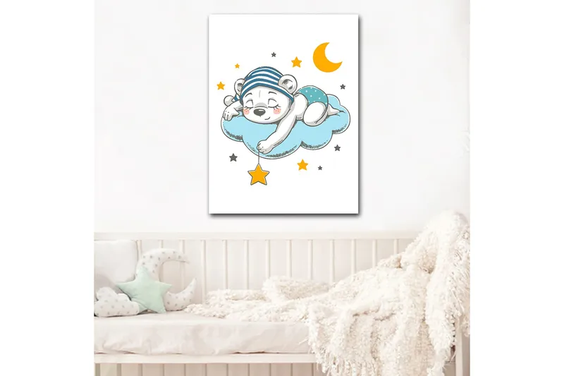 Canvastavla 70x100 cm - Sovande isbjörn som ligger på en moln med stjärnor och en måne runt omkring sig - Blå / Gul / Svart - Inredning & dekor - Tavlor & konst - Canvastavla