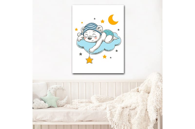 Canvastavla 70x100 cm - Sovande isbjörn som ligger på en moln med stjärnor och en måne runt omkring sig - Blå / Gul / Svart - Inredning & dekor - Tavlor & konst - Canvastavla