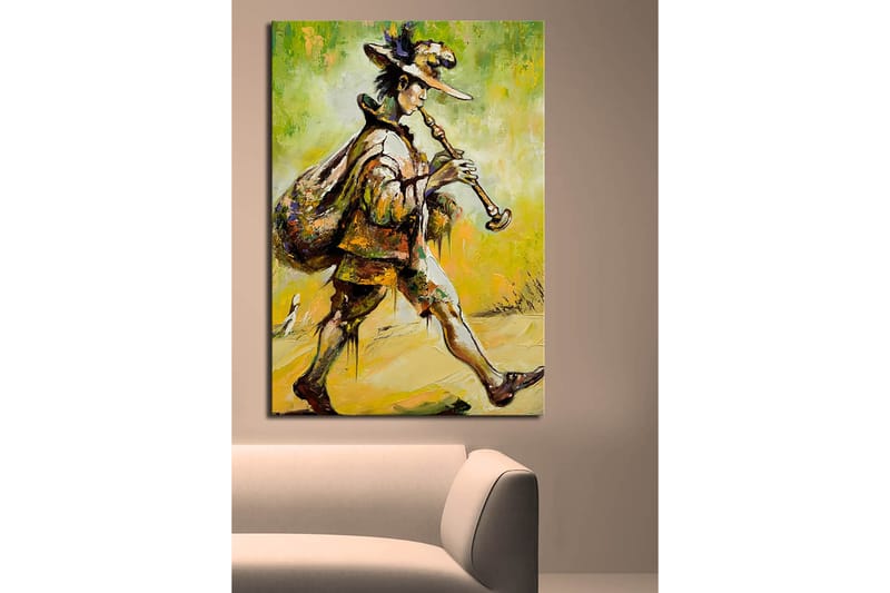 Canvastavla 70x100 cm - Spelman som går framåt med en säck på ryggen och spelar på sin flöjt - Grön / Gul / Brun - Inredning & dekor - Tavlor & konst - Canvastavla