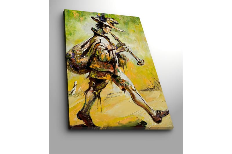Canvastavla 70x100 cm - Spelman som går framåt med en säck på ryggen och spelar på sin flöjt - Grön / Gul / Brun - Inredning & dekor - Tavlor & konst - Canvastavla