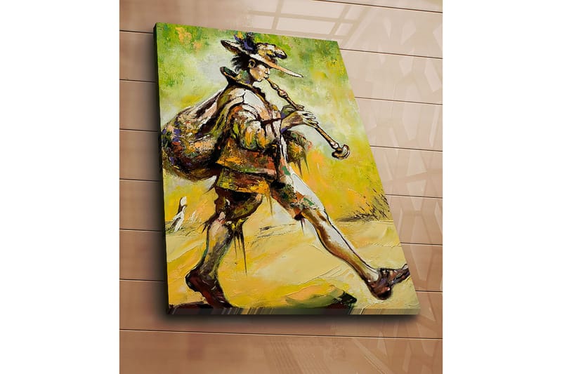 Canvastavla 70x100 cm - Spelman som går framåt med en säck på ryggen och spelar på sin flöjt - Grön / Gul / Brun - Inredning & dekor - Tavlor & konst - Canvastavla
