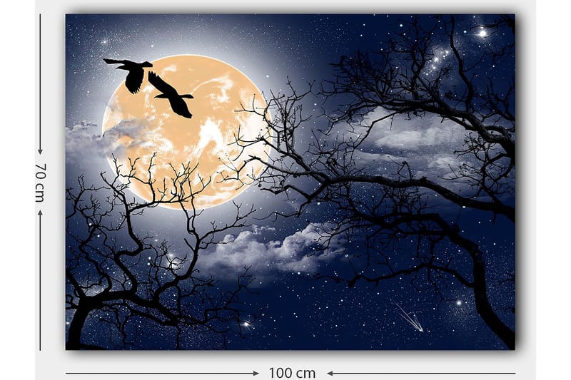 Canvastavla 70x100 cm - Stämningsfull nattlandskap med en stor måne och silhuetter av träd samt fåglar som flyger över himlen - Mörkblå / Svart / Ljusgul - Inredning & dekor - Tavlor & konst - Canvastavla