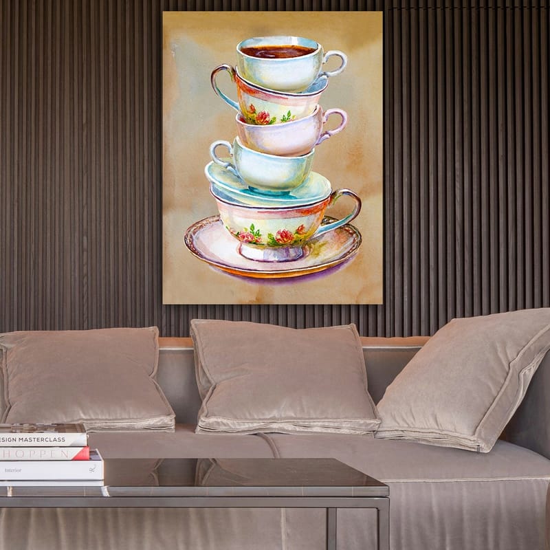 Canvastavla 70x100 cm - Stapel färgglada tekoppar med en skål i botten - Blå / Rosa / Beige - Inredning & dekor - Tavlor & konst - Canvastavla