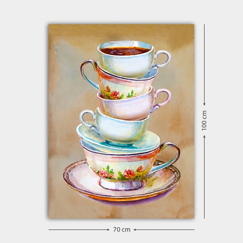 Canvastavla 70x100 cm - Stapel färgglada tekoppar med en skål i botten - Blå / Rosa / Beige - Inredning & dekor - Tavlor & konst - Canvastavla
