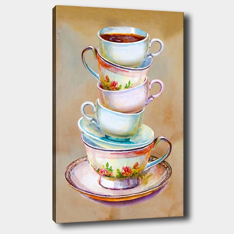 Canvastavla 70x100 cm - Stapel färgglada tekoppar med en skål i botten - Blå / Rosa / Beige - Inredning & dekor - Tavlor & konst - Canvastavla